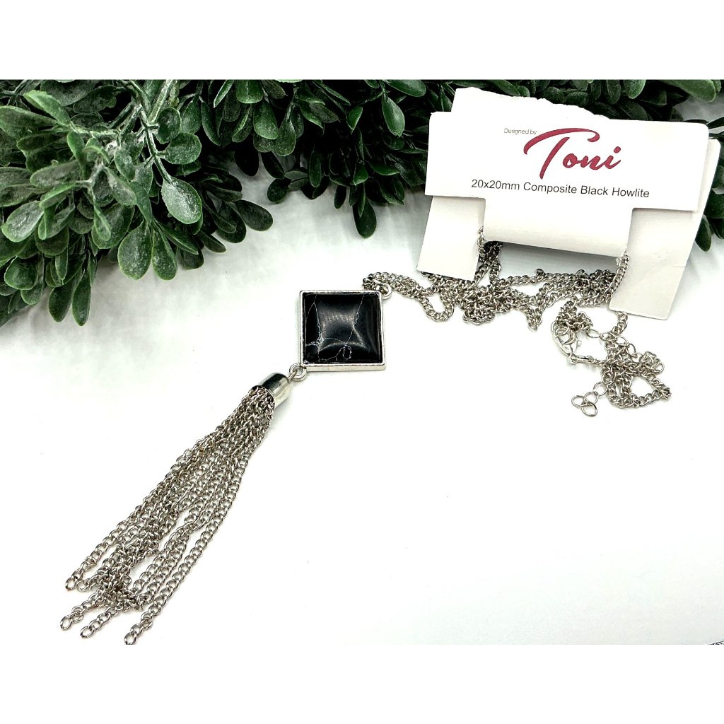 Composite Black Howlite Tassel Pendant Necklace Silver Chain By Toni